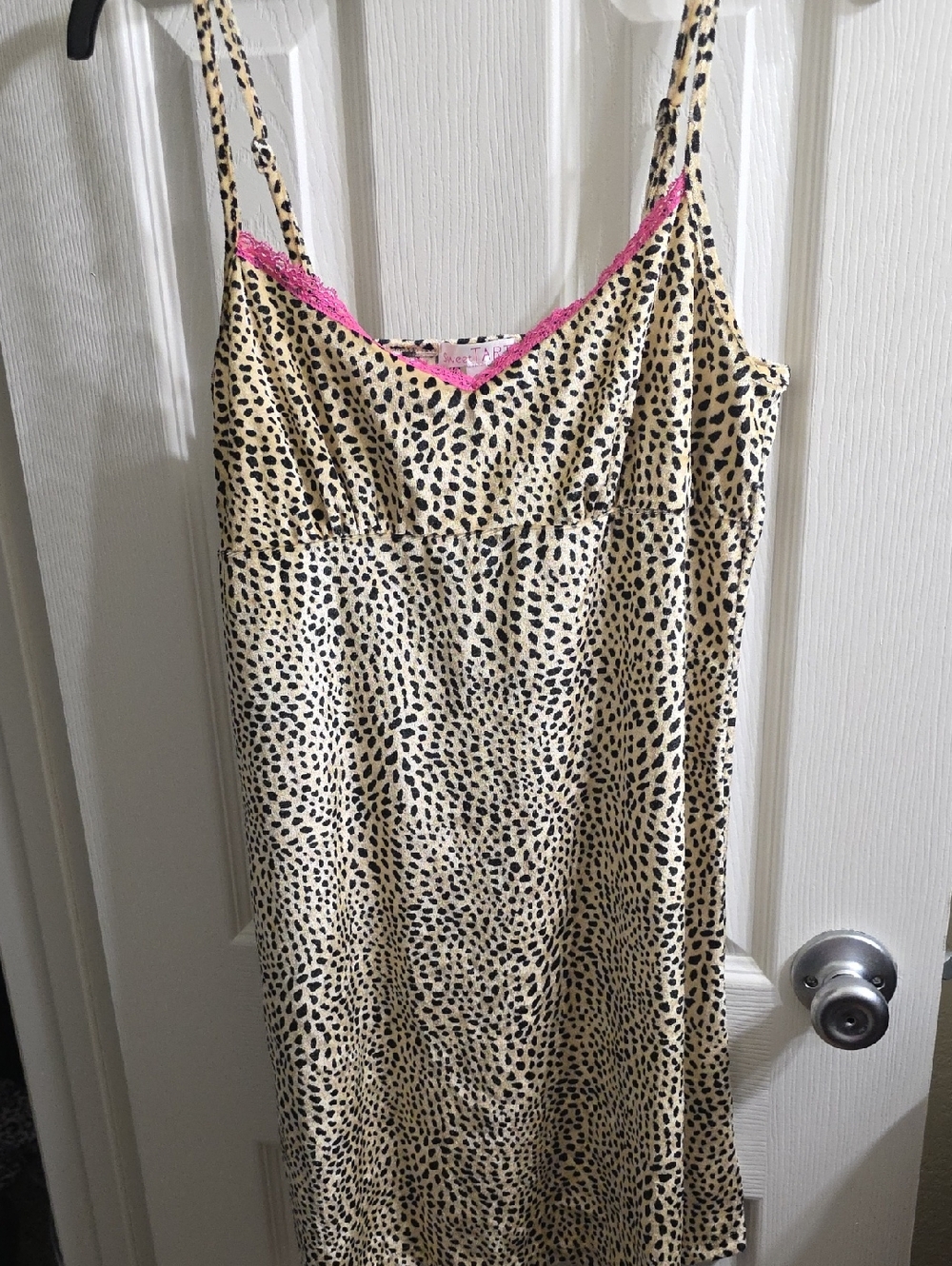Leopard-Print Slip Chemise with Pink Lace Trim Size S